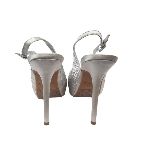 Candie's Silver Satin Gem Embellished Slingback Peep Toe Stilettos Size 8.5 - Picture 5 of 10